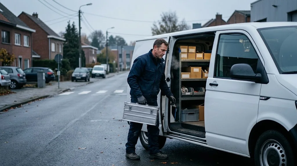Servicetechniker mit Werkzeugkoffer am Servicefahrzeug