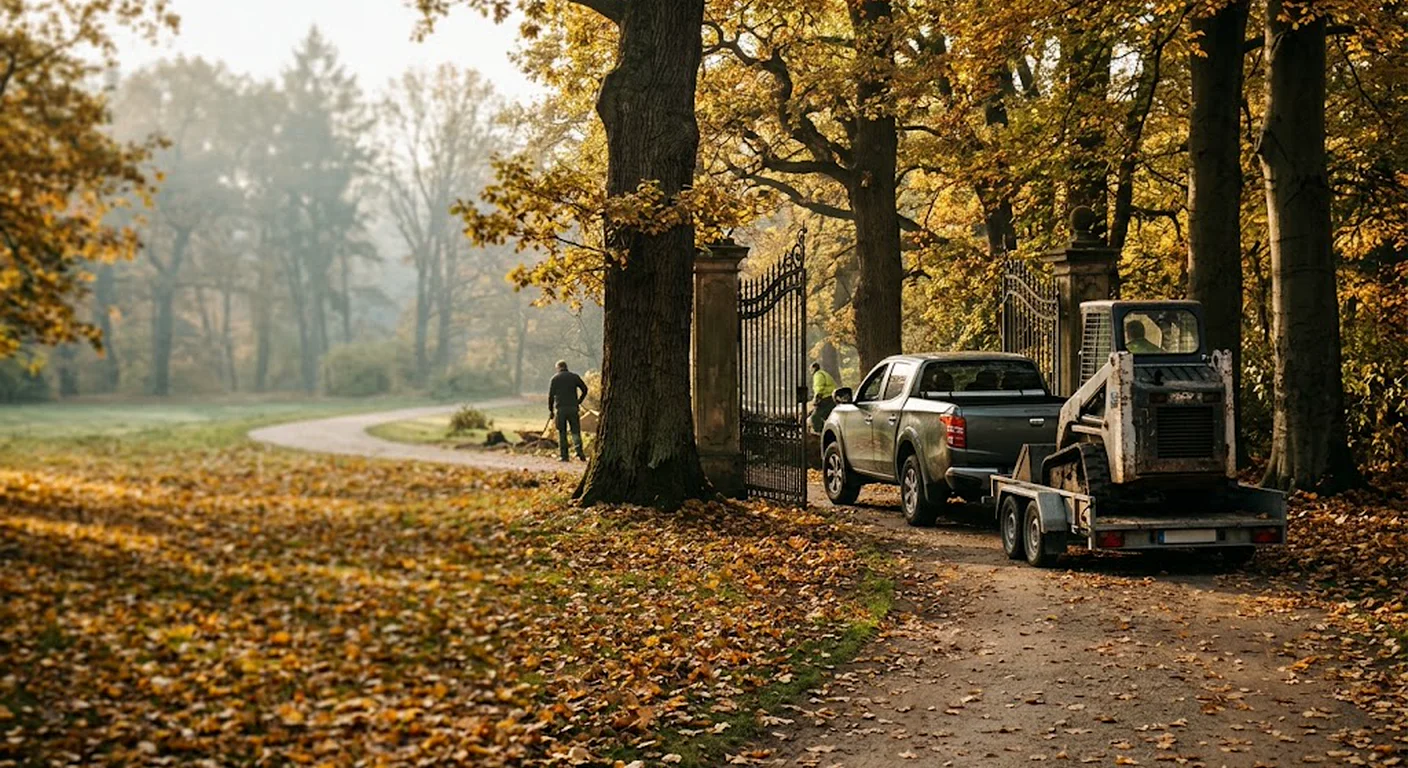 Pick-up mit Anhänger und Kompaktlader vor einem engen Tor auf einem Parkweg