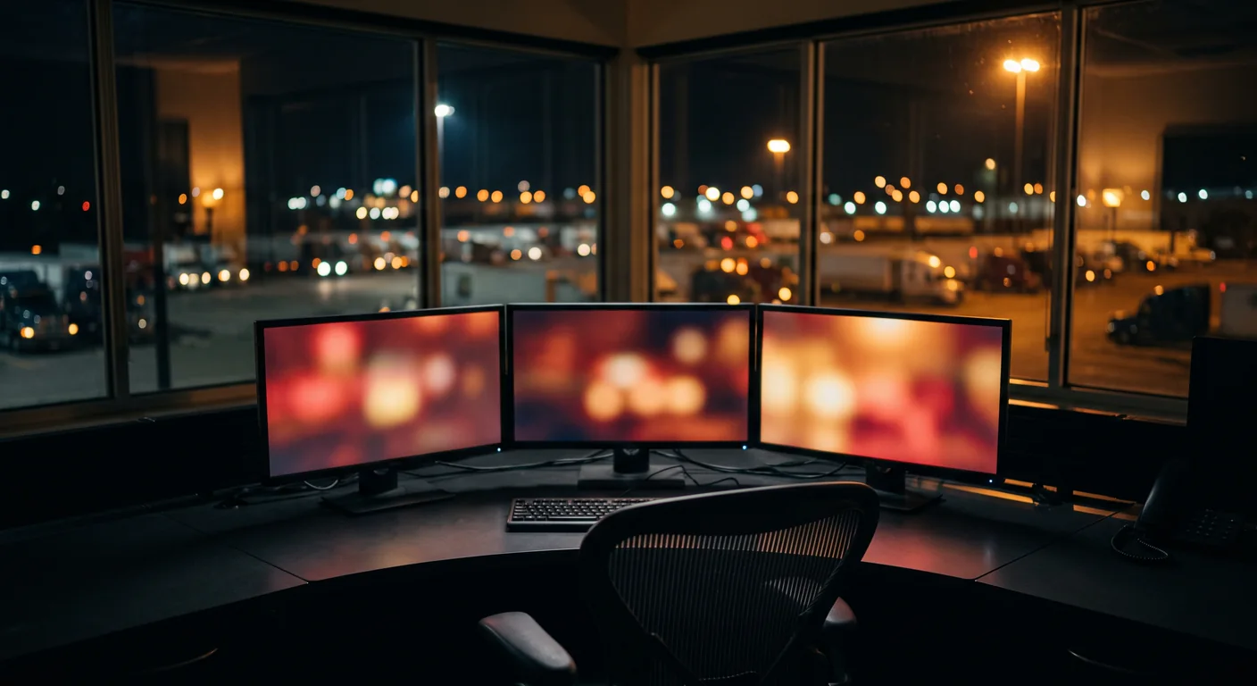 Dispositionsleitstand bei Nacht mit Blick auf den Lkw-Hof