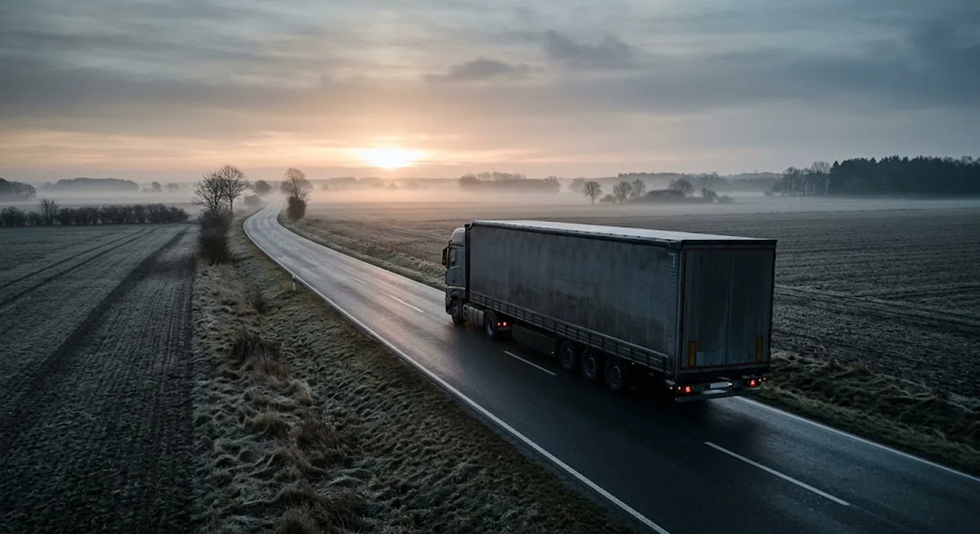 Leerer Sattelzug auf der Rückfahrt über eine Landstraße im Morgenlicht