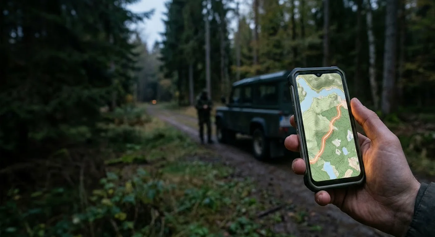 Smartphone mit Offline-Karte vor einem Geländewagen auf einem Waldweg