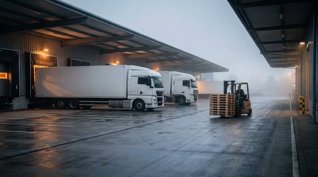 Umschlaglager mit Lkw an den Rampen in der Morgendämmerung
