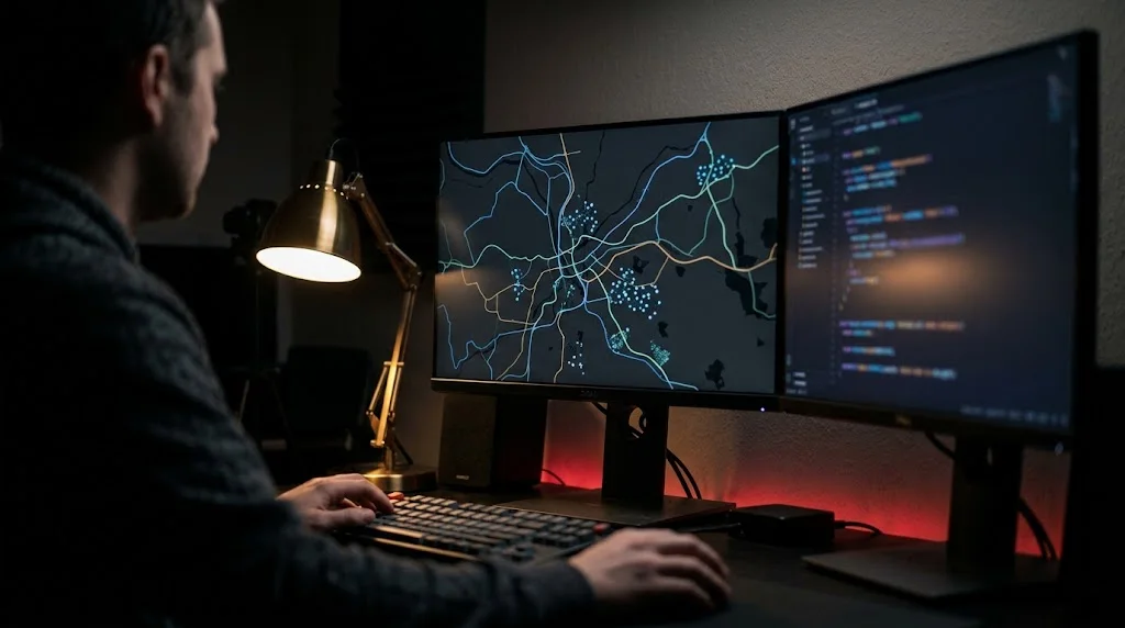 Entwicklerarbeitsplatz mit Kartendaten und Routing-Code auf zwei Monitoren