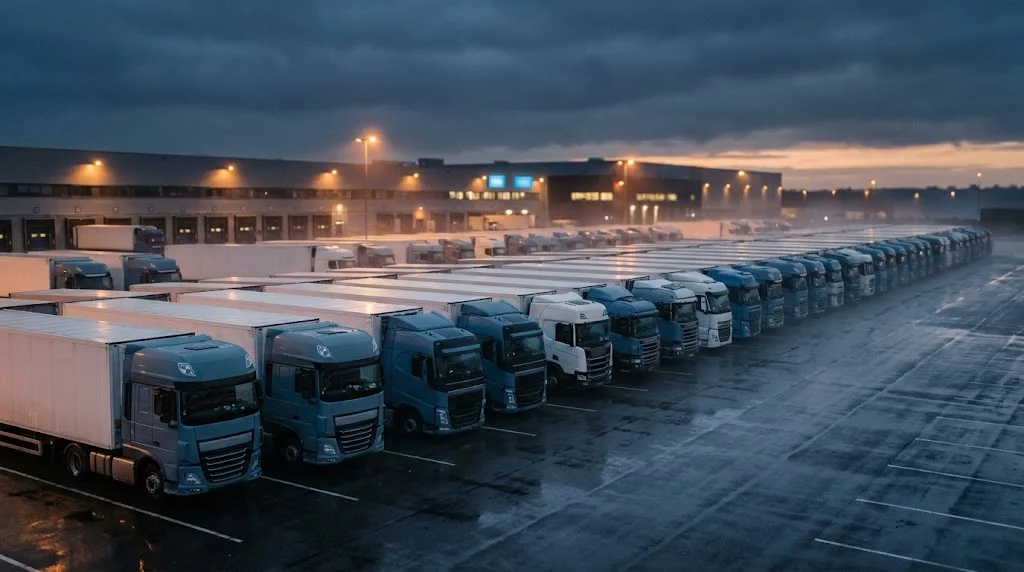 Lkw-Flotte am frühen Morgen vor dem Verteilzentrum