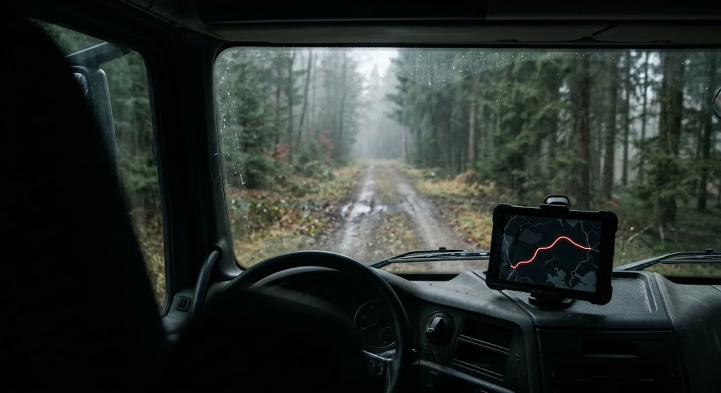 Blick aus der Lkw-Kabine auf ein Tablet mit Route und einen schmalen Schotterweg in den Wald